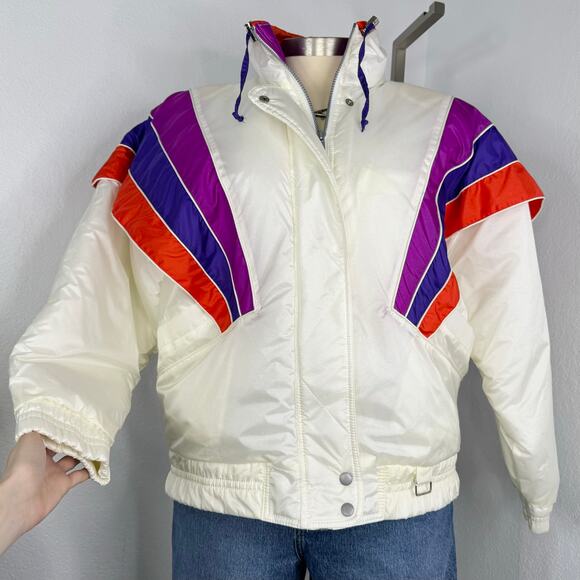 VINTAGE 80s White Stripes Ski Jacket Winter Coat Large Hot Spices Retro - Picture 1 of 12